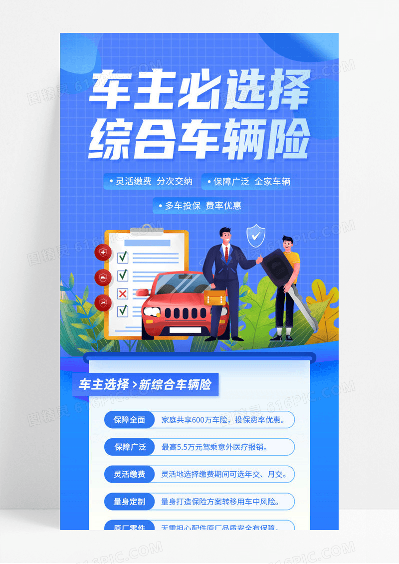 插画风车险综合汽车保险手机长图