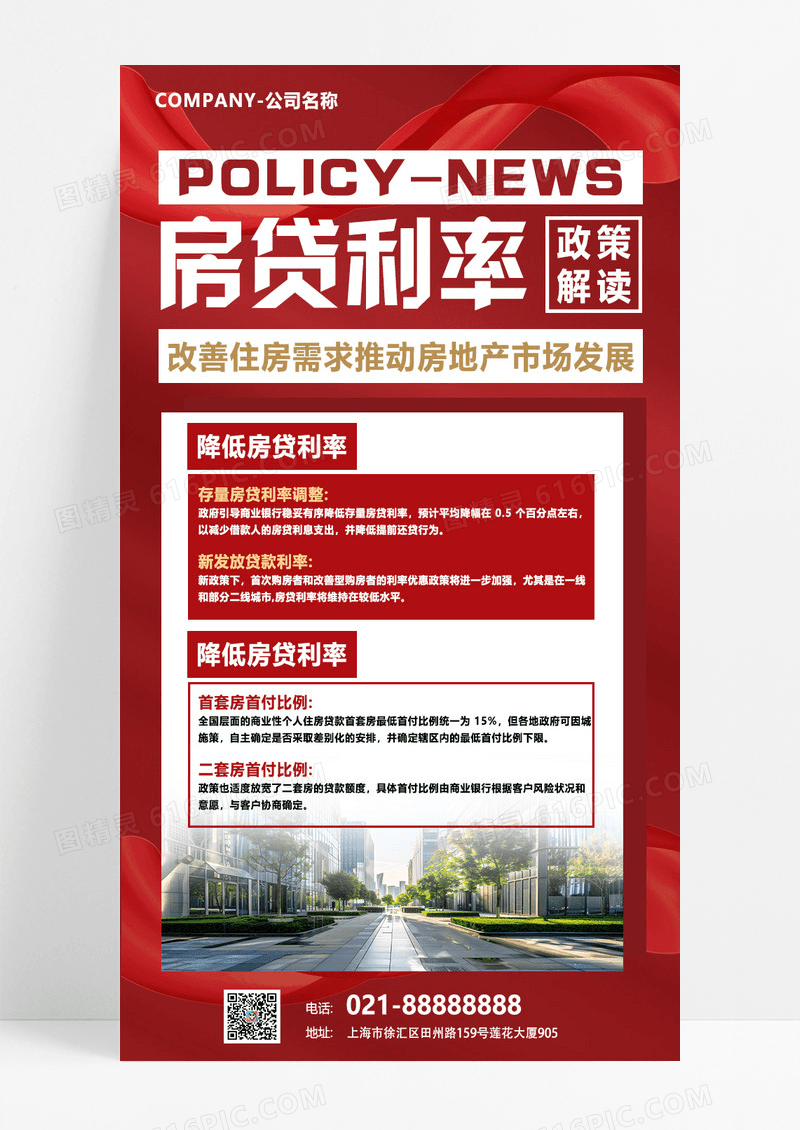 红色创意房贷利率政策解读楼盘手机海报设计