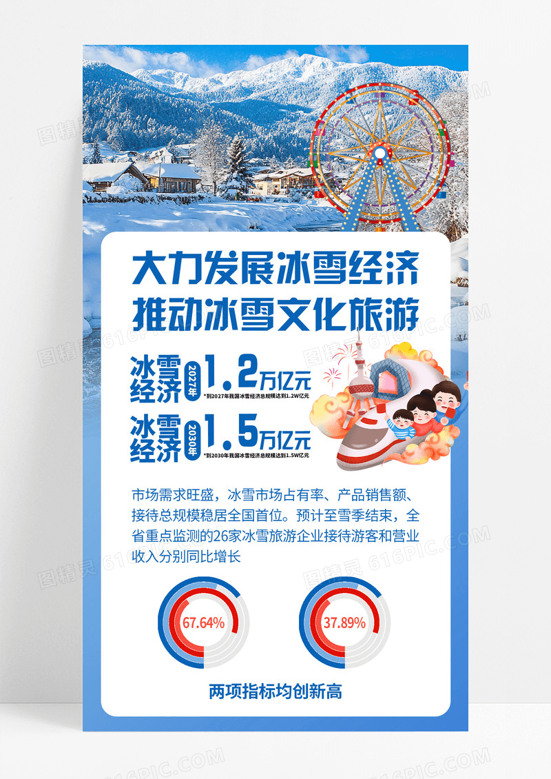 蓝色插画全链条协同激发冰雪经济活力手机宣传海报