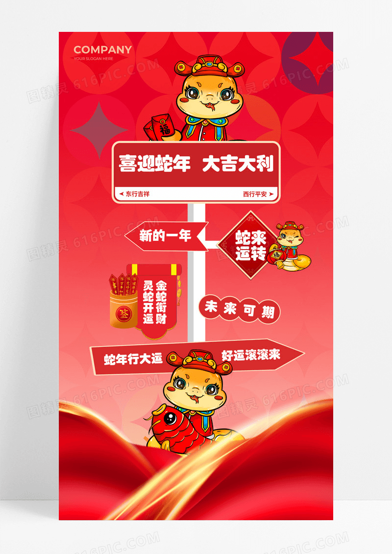 红色卡通指引牌风格2025蛇年新年大吉海报