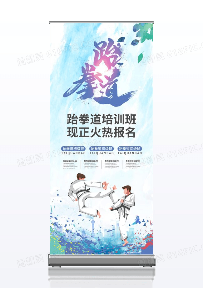 蓝色跆拳道培训班火热报名展架