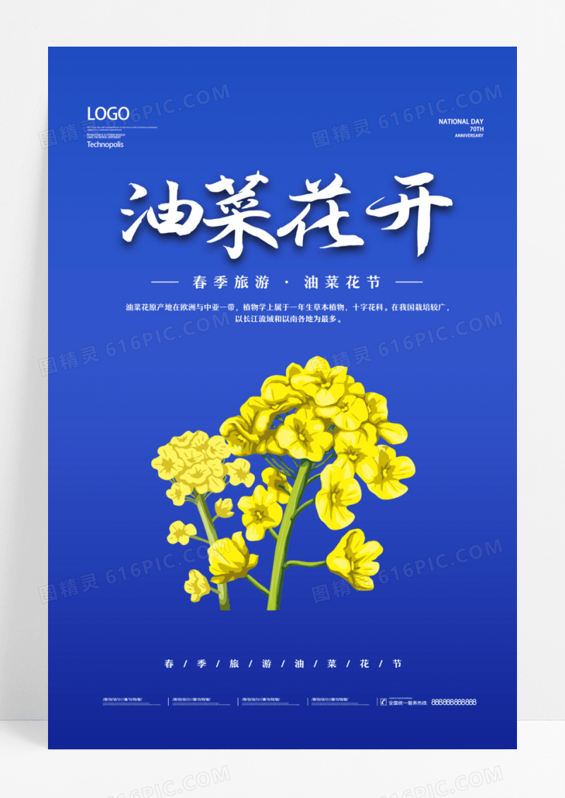 蓝色简约油菜花春季旅游油菜花节海报