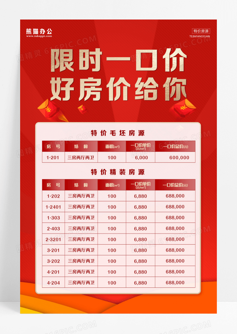 红色背景特价房房价宣传单海报设计