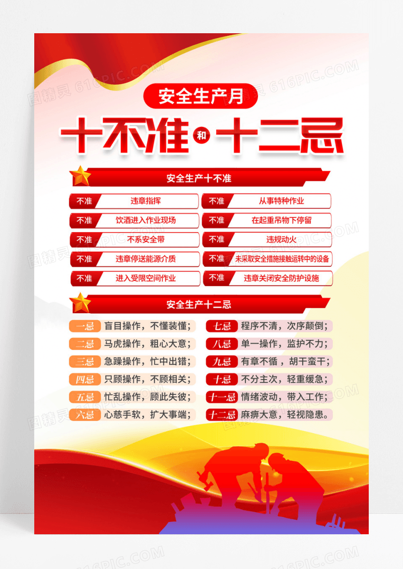 红色安全生产月十不准十二忌安全生产宣传海报