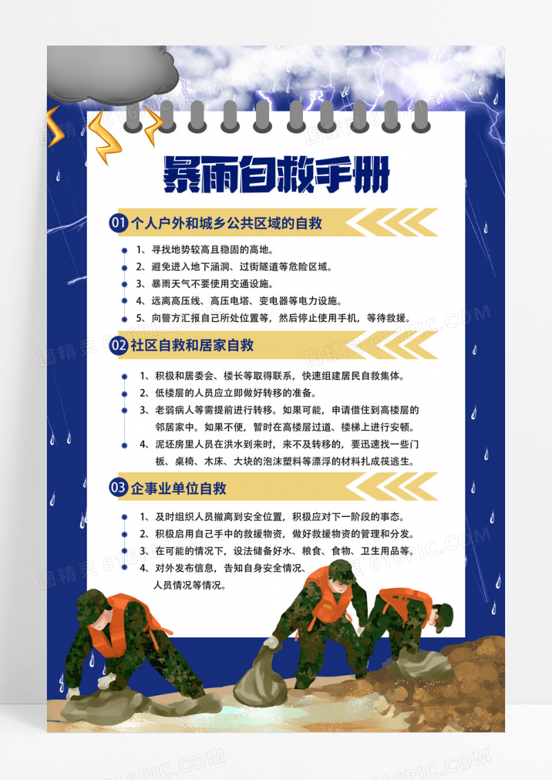 手绘抗洪救灾同舟同行洪水暴发时如何防备与自救海报