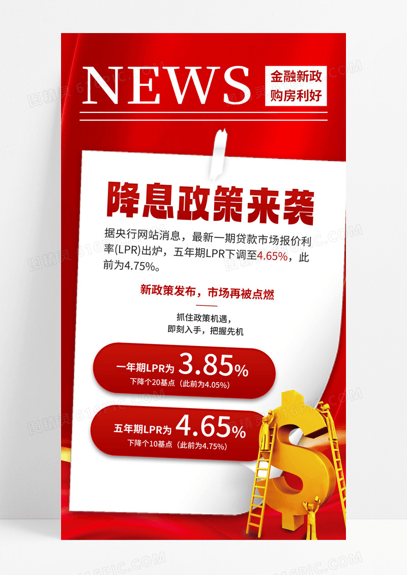 红色买房降息金融科普通知报纸知识3d海报