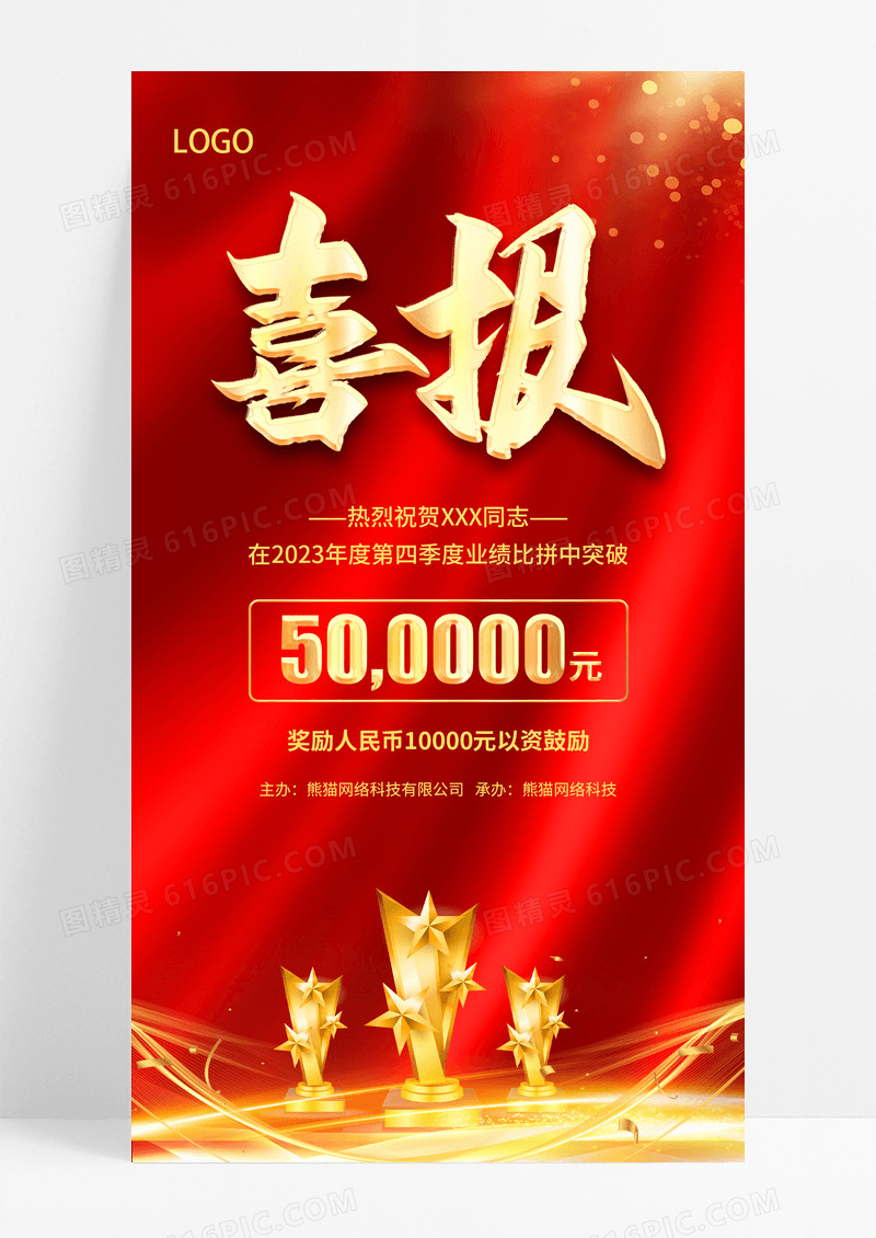 红色简约奖杯中国风年底总结业绩突破战报获奖喜报手机文案海报
