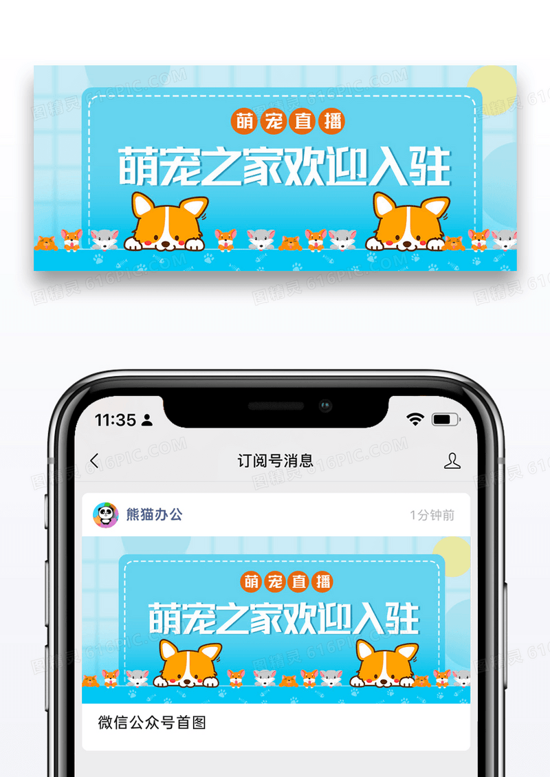 蓝色卡通宠物直播间入驻公众号封面配图图片