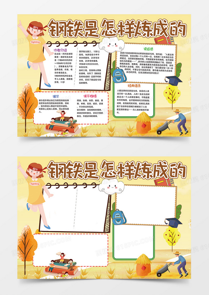 橙色卡通钢铁是怎么炼成的小报手抄报