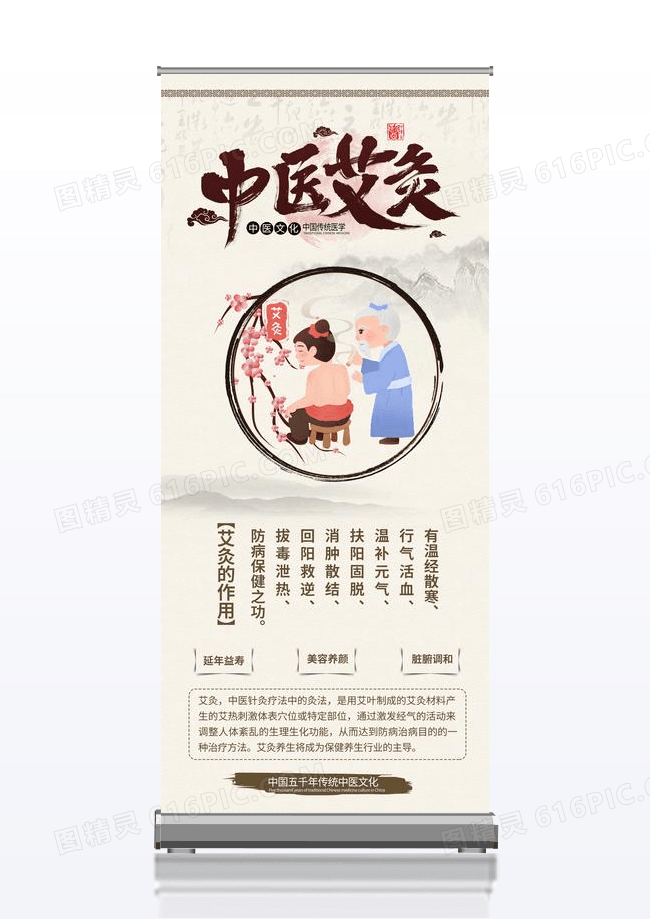 水墨中医养生艾灸易拉宝展架海报