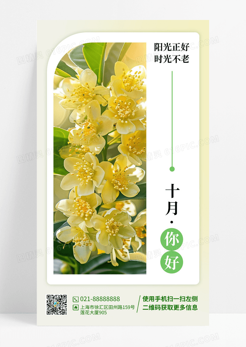 绿色清新简约10月你好祝福问候海报设计