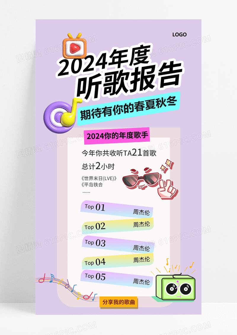 年度2024回顾听歌报告粉色3D海报海报