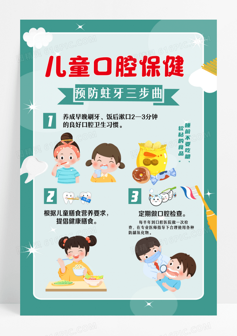 绿色简约风儿童口腔保健预防蛀牙三部曲海报设计