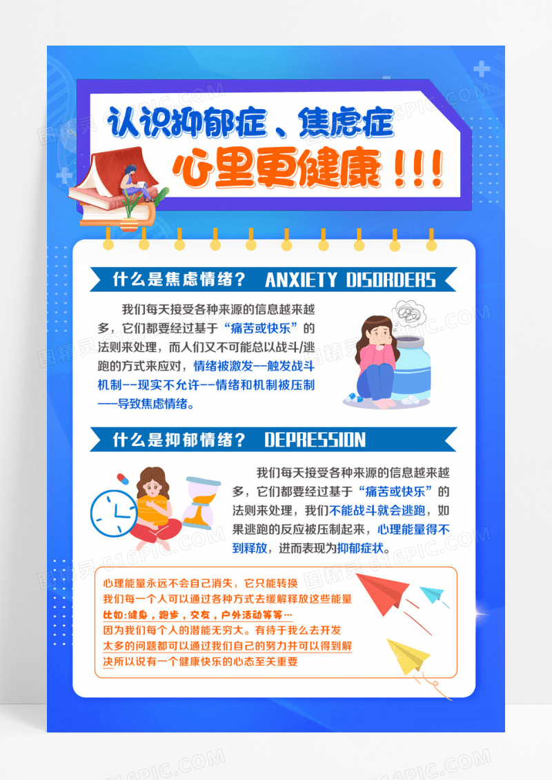 蓝色手绘风对抗焦虑心理文案海报设计