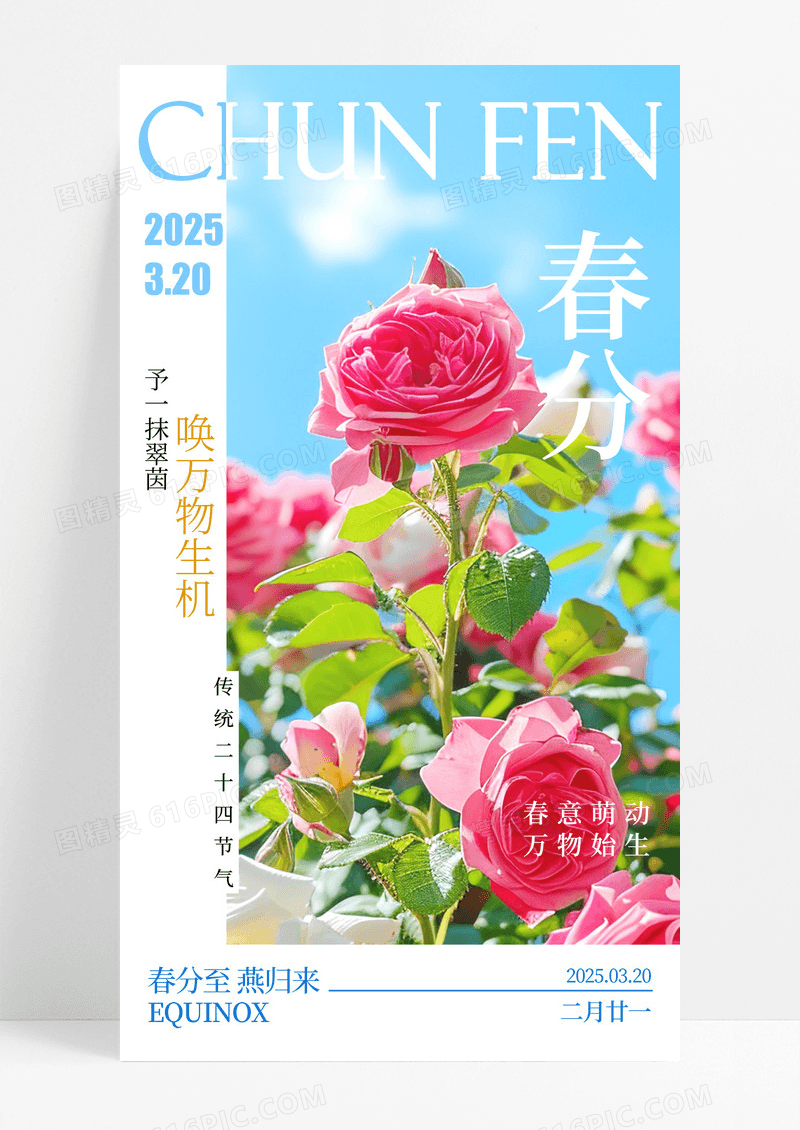 蓝色春天春季24节气之春分简约摄影海报