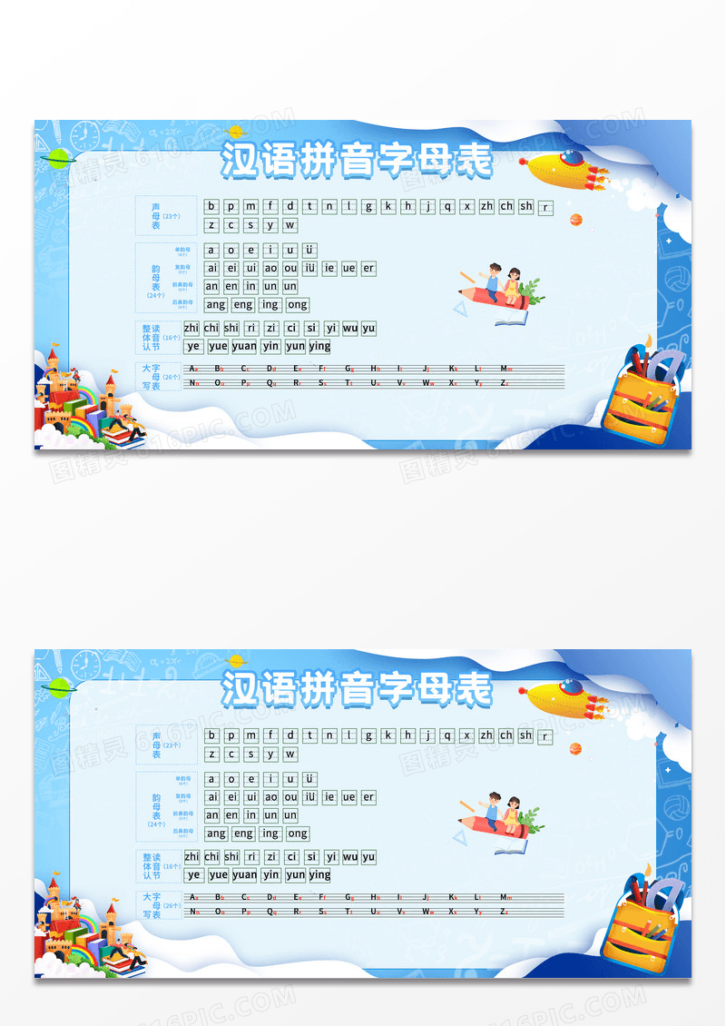蓝色简约拼音字母表展板教育培训行业展板设计