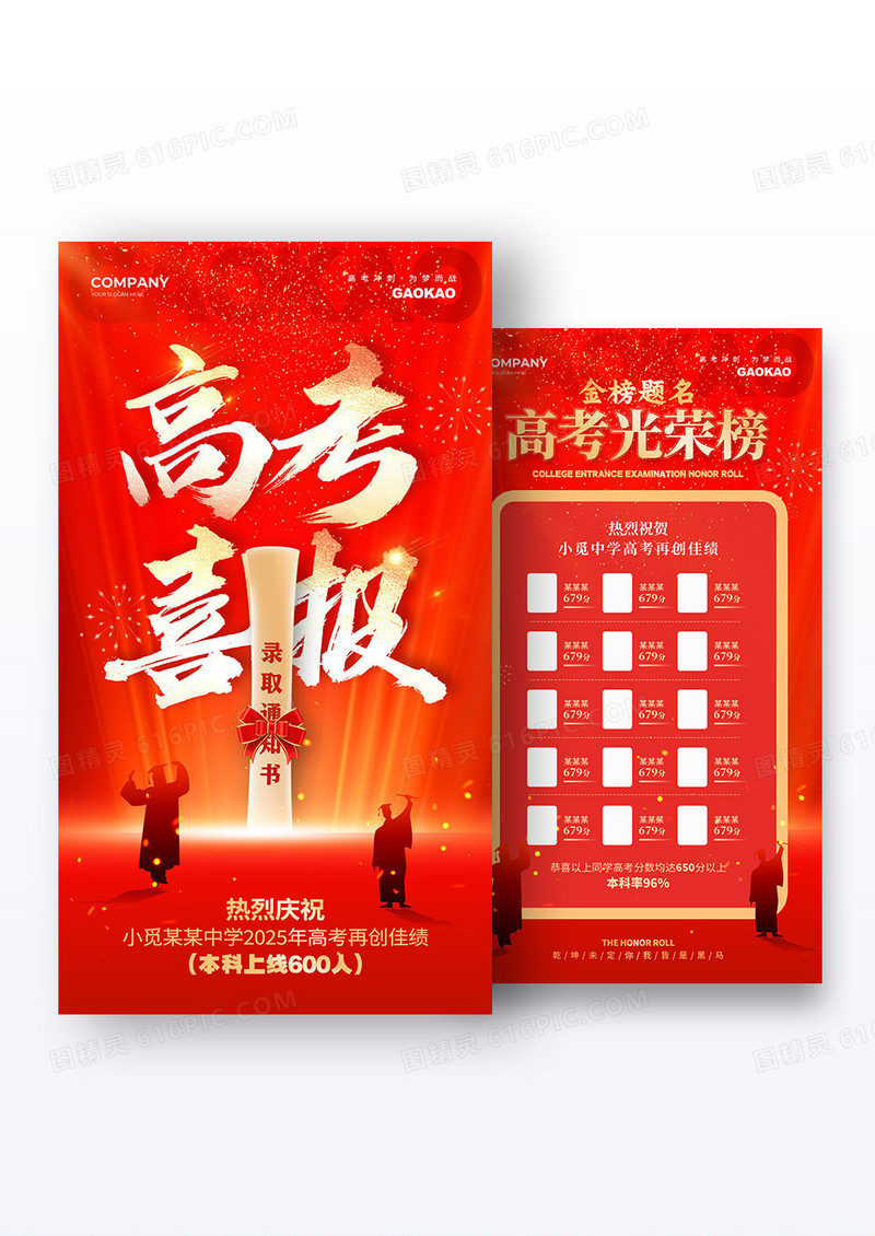 红色烫金风格高考喜报高考喜报宣传海报组合
