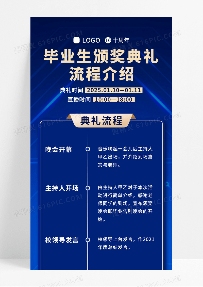 蓝色科技感毕业生颁奖典礼流程手机长图