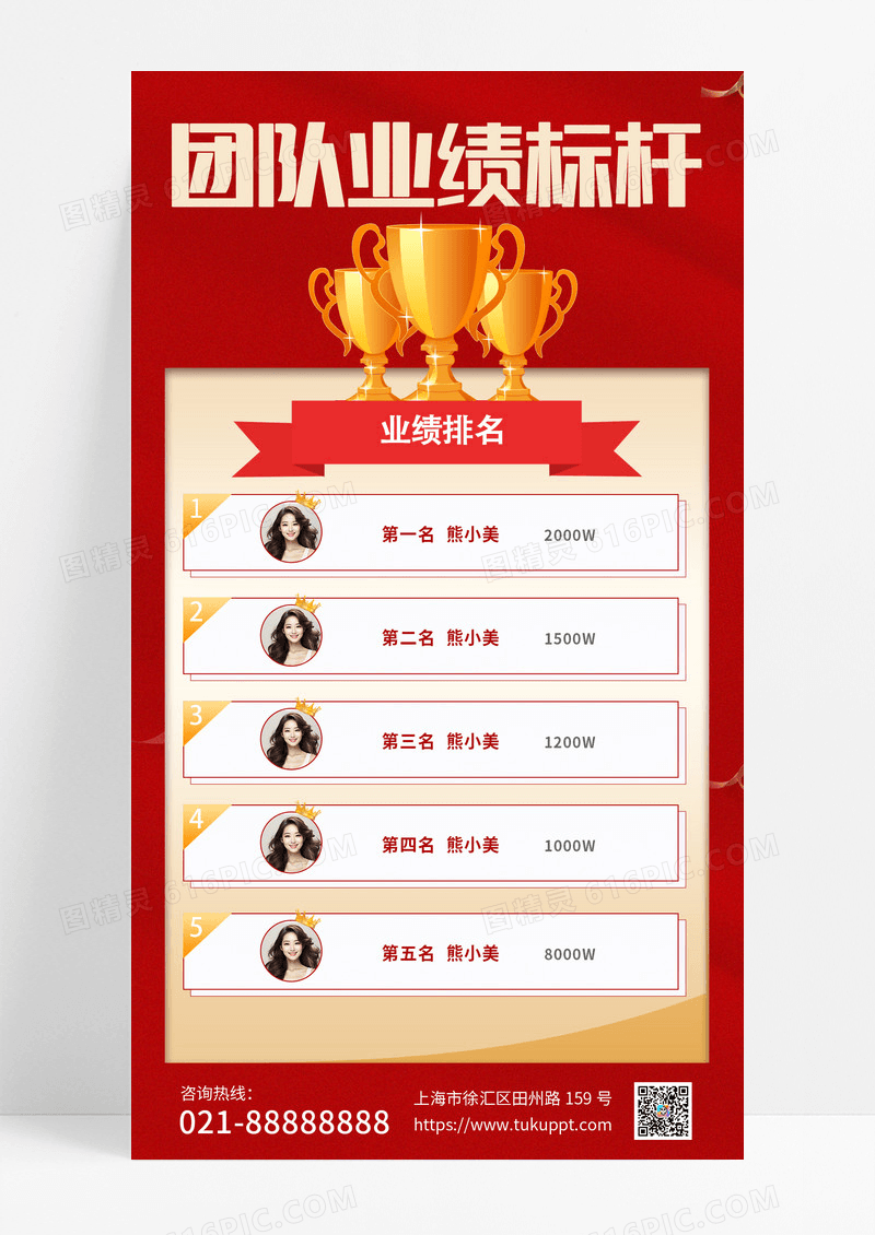 红色大气喜庆团队业绩标杆销售排名奖杯手机海报销售喜报