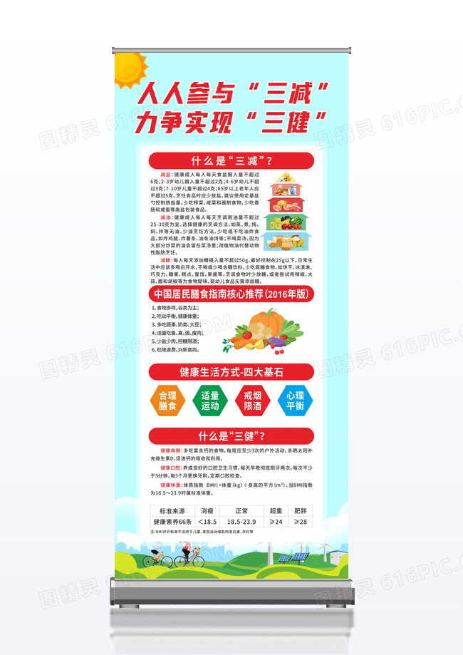 绿色健康卡通三减三健宣传展架三减三健展架