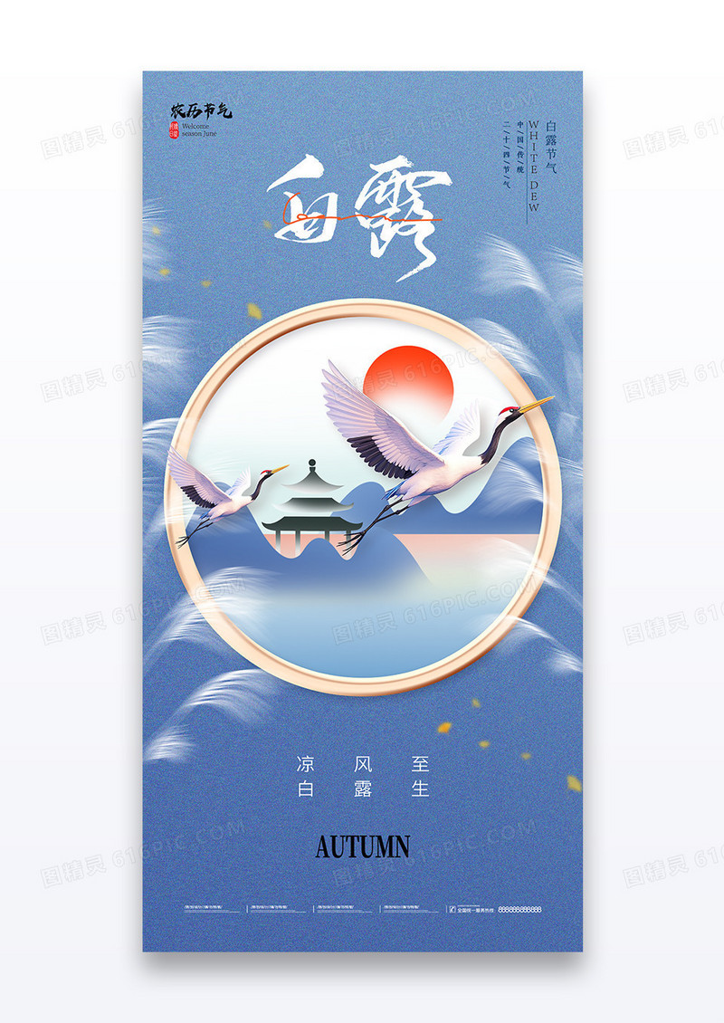 蓝色简约二十四节气白露白鹭海报