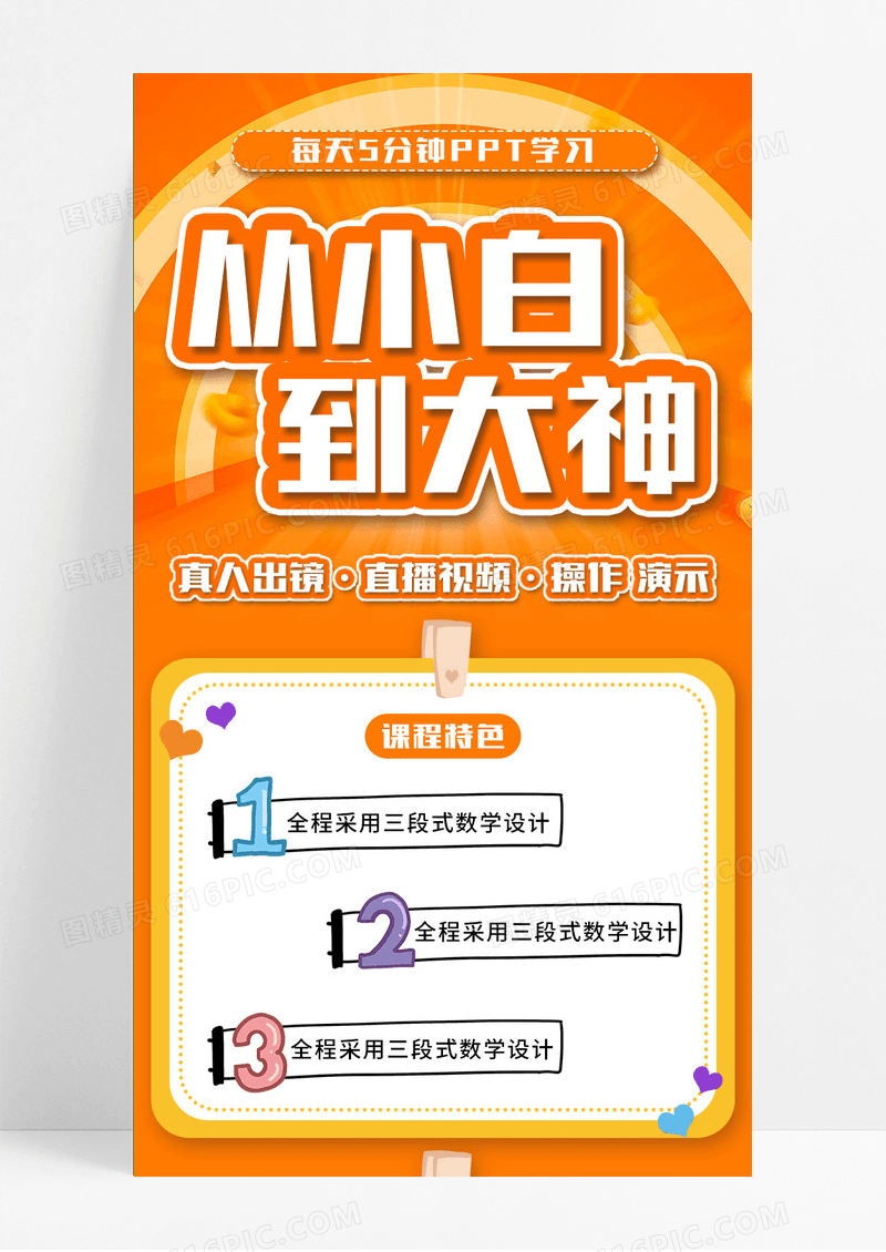 橙色简约大气从小白到大神线上教育线上教学长图