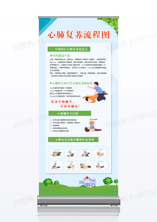 蓝色卡通心肺复苏展架心肺复苏x展架