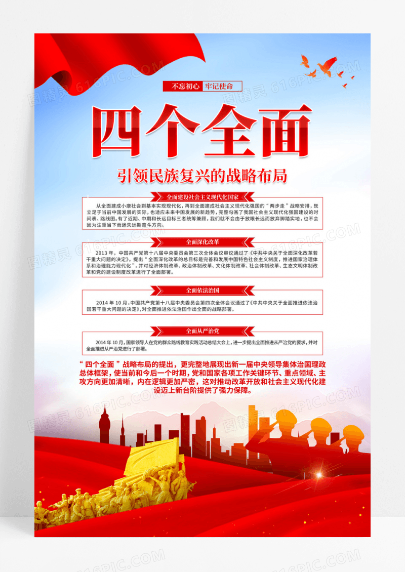 红色简约四个全面党政宣传海报