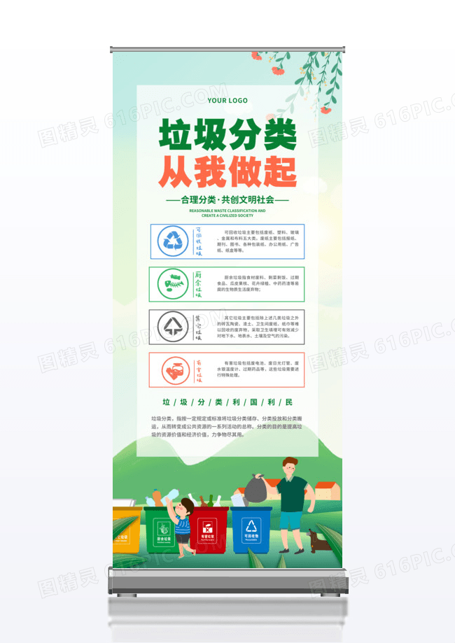 蓝色清新卡通垃圾分类易拉宝展架
