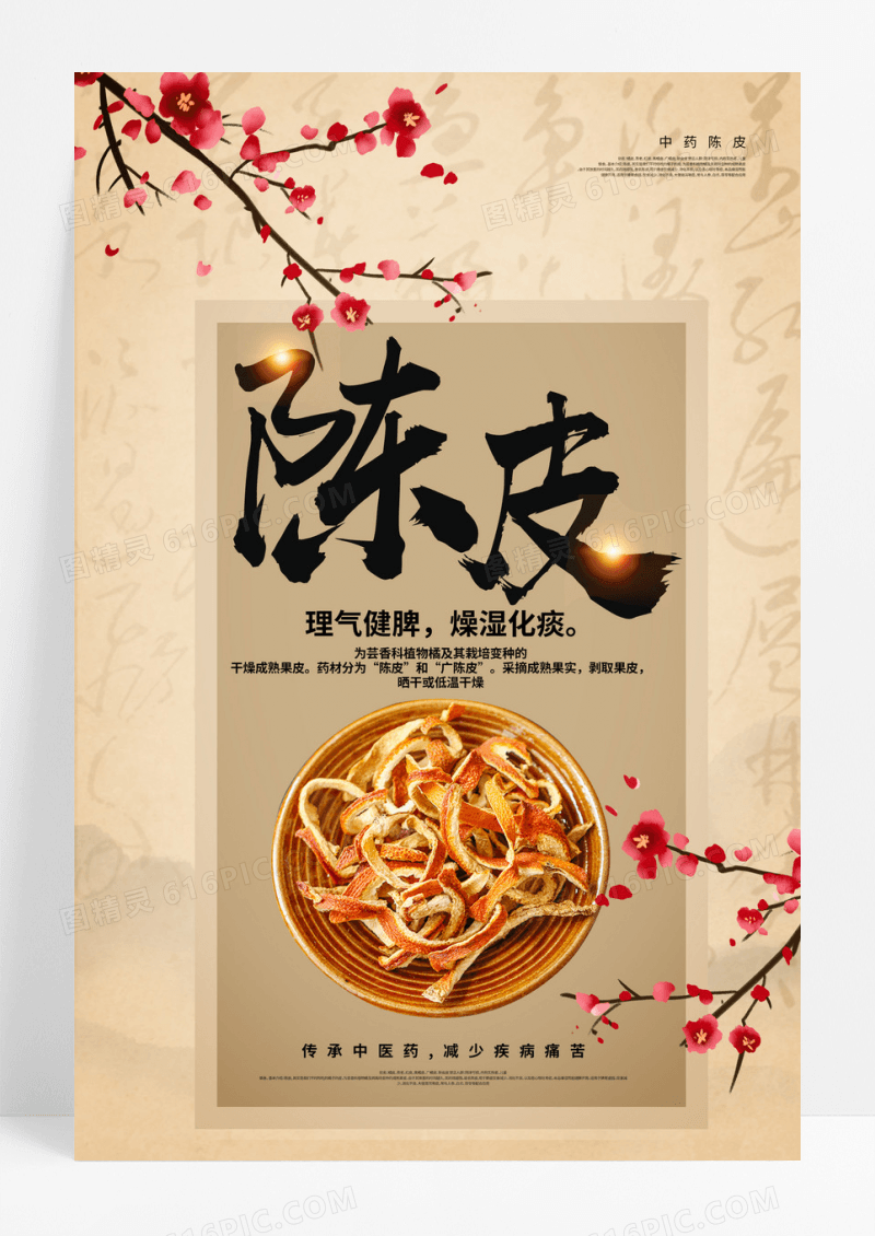 简约大气黄色中草药陈皮宣传海报.
