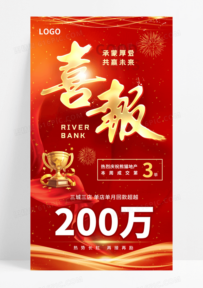 喜报奖杯红色简约海报海报