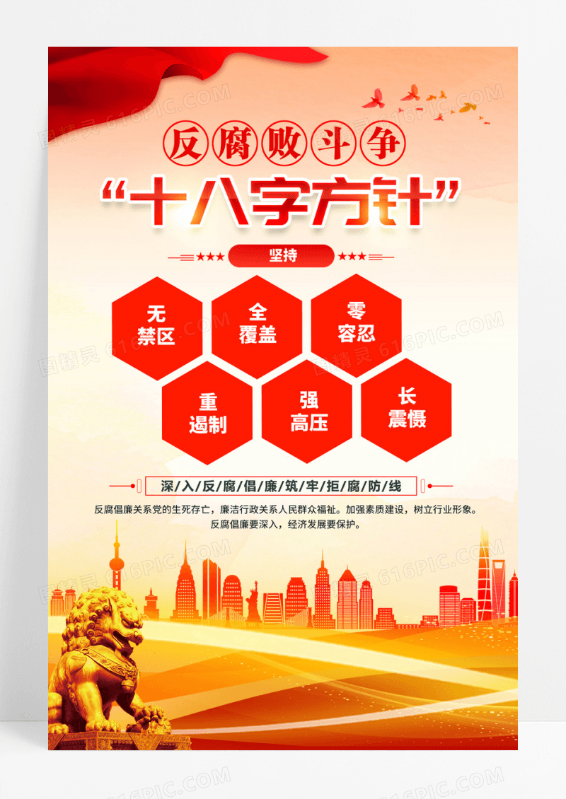 红色反腐败斗争十八字方针廉政海报