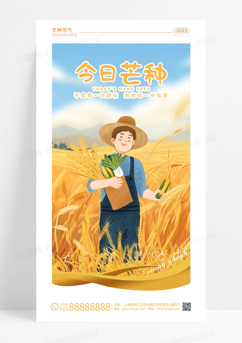 渐变色插画风今日芒种节气手机海报