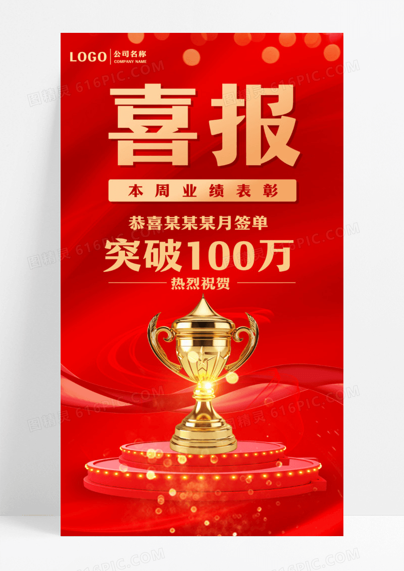 红色奖杯业绩喜庆喜报手机宣传海报签单喜报手机宣传海报设计