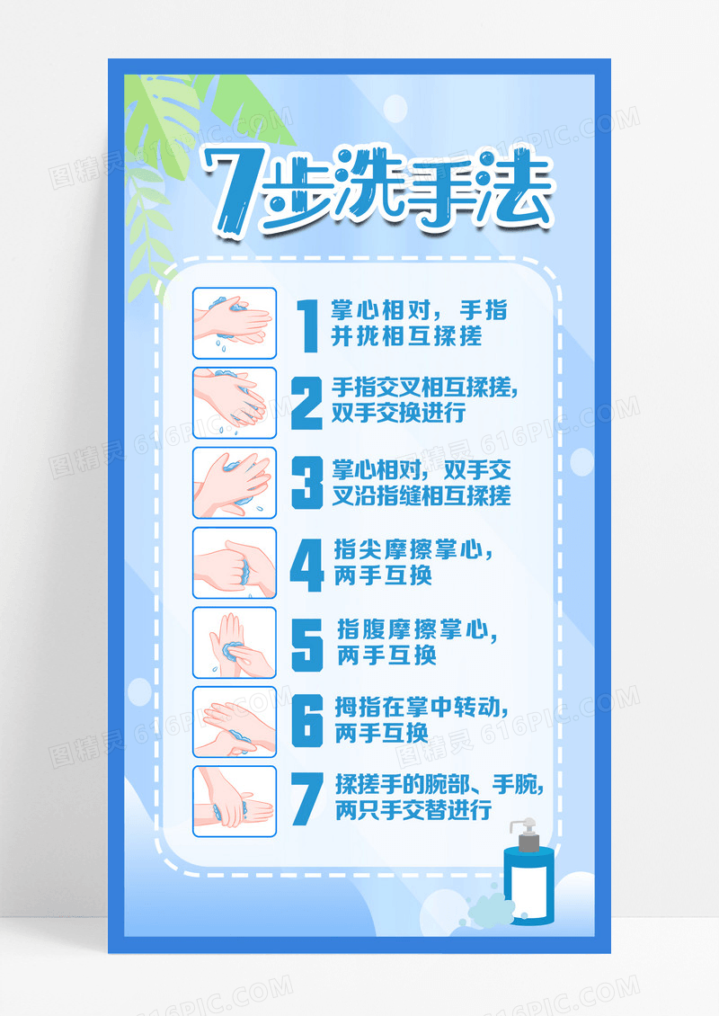 蓝色简约七步洗手法手机文案海报七步洗手法