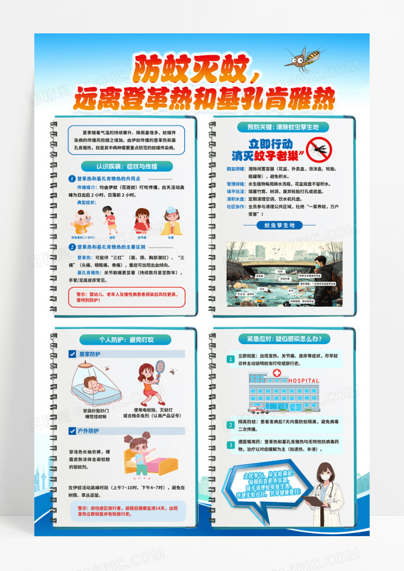 蓝色预防登革热防蚊灭蚊海报
