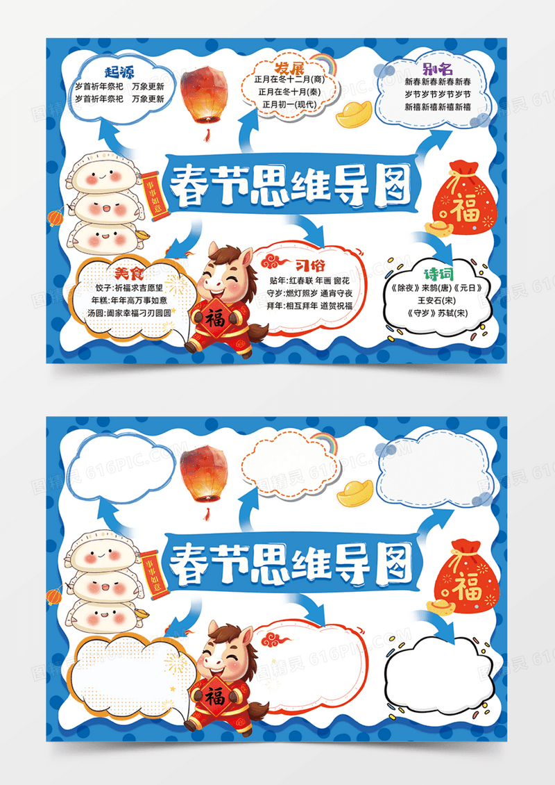 蓝色春节马年2026思维导图可爱插画设计简约卷轴手抄报