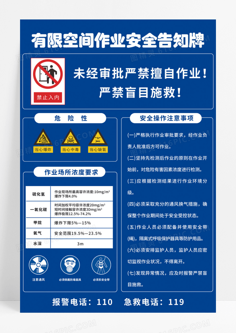蓝色有限空间作业安全告知牌