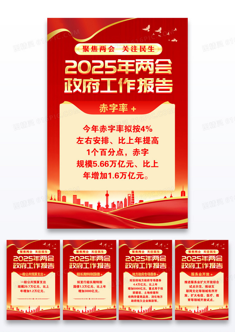 红色2025年两会工作报告套图宣传文案海报两会套图