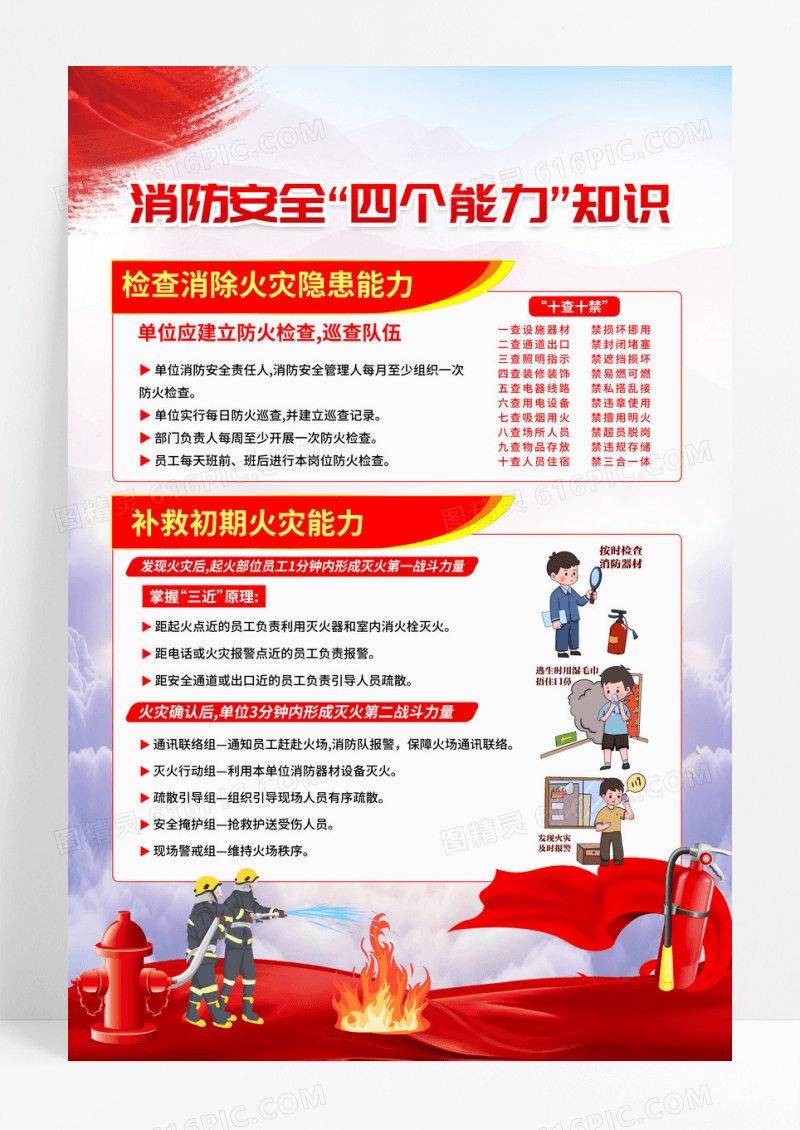 党政风格消防四个能力知识海报设计