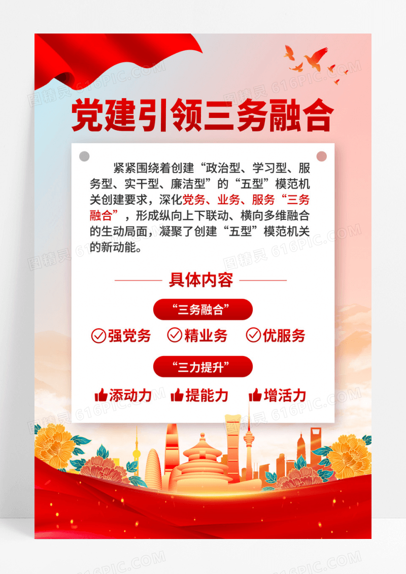 红色党政党建三务党建引领融合海报
