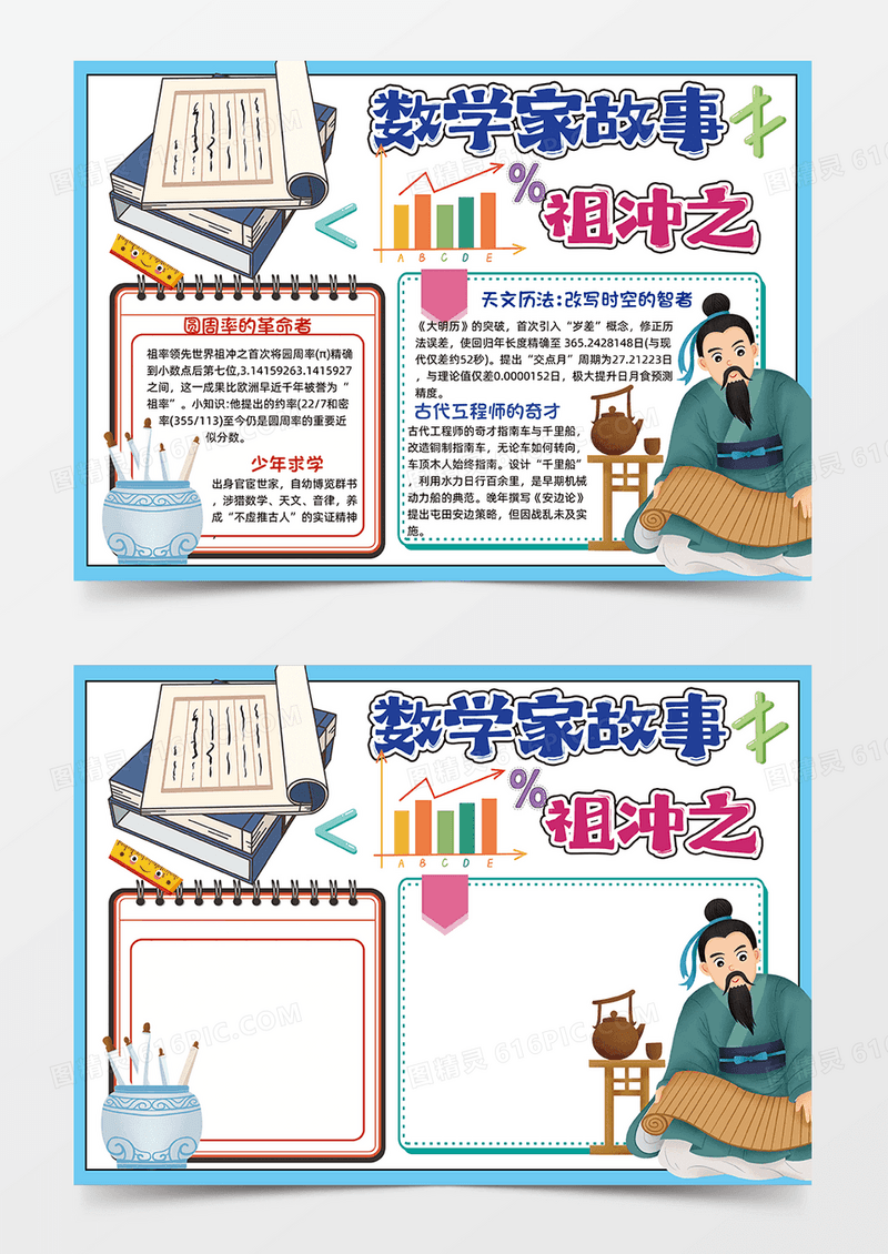 蓝色卡通数学家故事祖冲之小报手抄报小学生