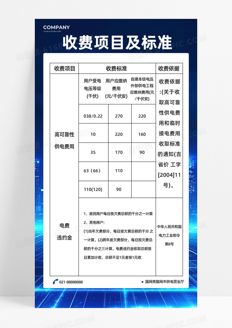 蓝色简约收费项目及标准电力电网手机宣传海报