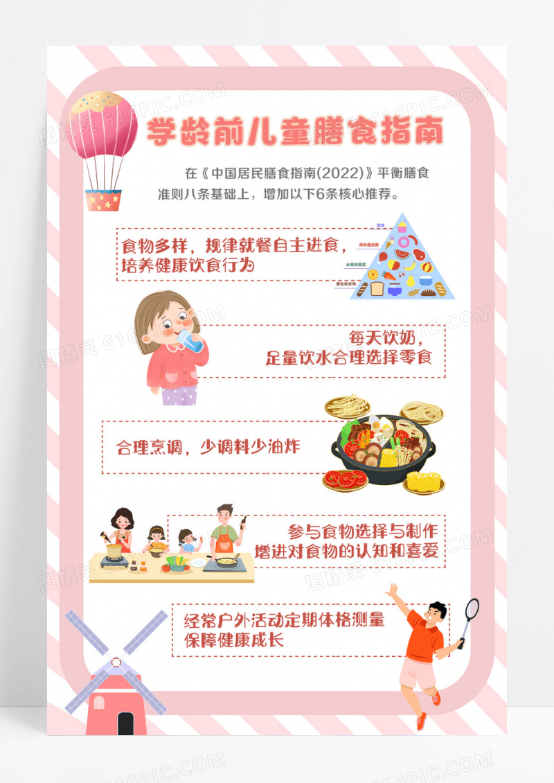 卡通插画粉橙学龄前儿童膳食指南儿童健康饮食海报设计