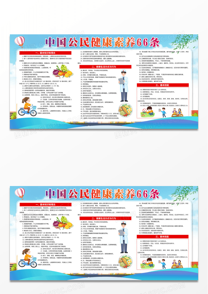 2023年蓝色中国公民健康素养66条宣传展板宣传栏设计
