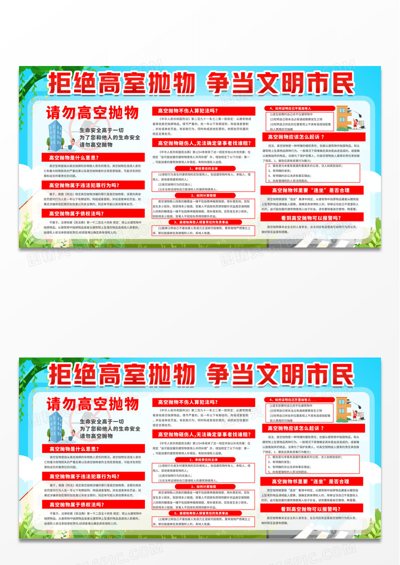 绿色大气简约卡通杜绝高空抛物宣传栏展板设计