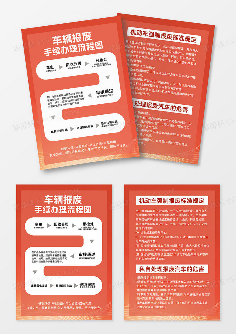红色简约汽车车辆报废手续流程图宣传单