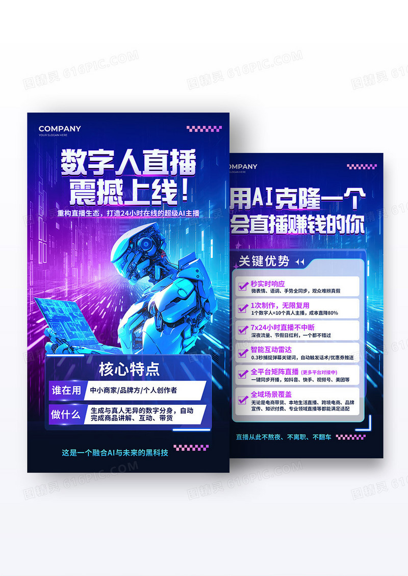 蓝色大气数字人招商活动手机套图宣传海报组合