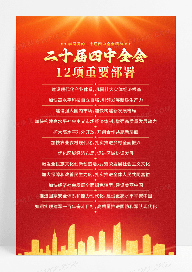 红色二十届四中全会精神12项重要部署海报