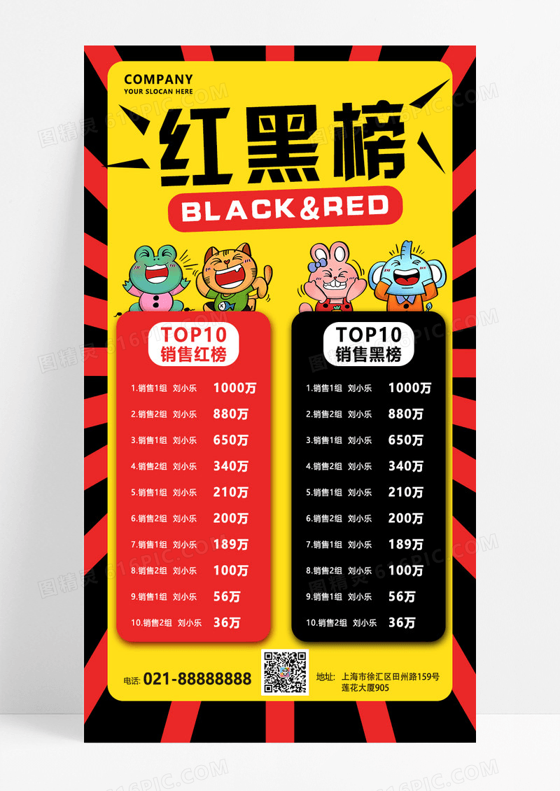 红黑色简约榜卡通业绩比拼对比海报